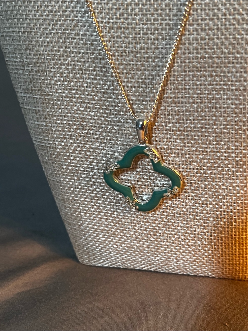 Coral Green Enamel Clover Pendant Necklace with Gold Accents